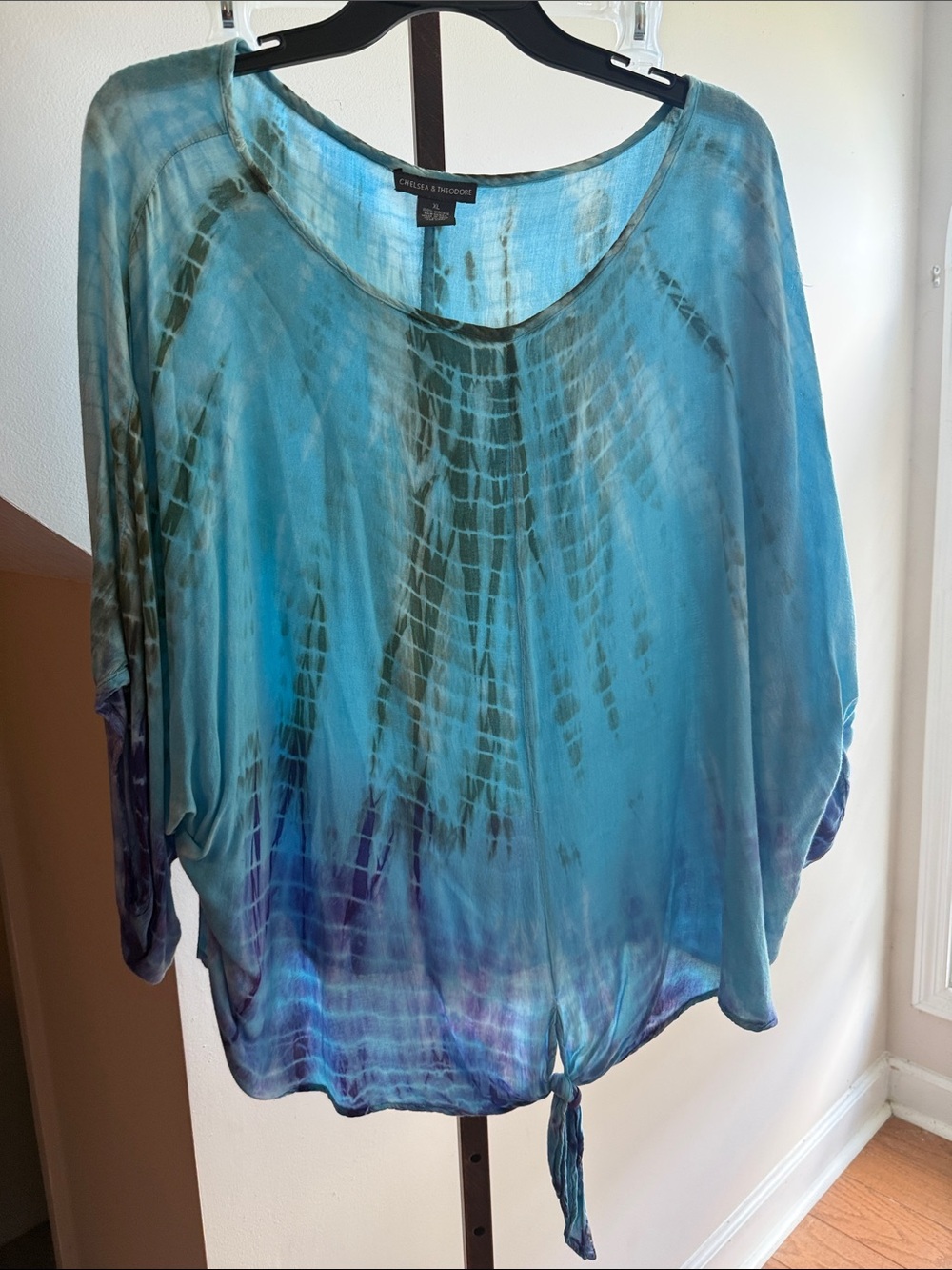 Chelsea & Theodore Blue Teal Tie-Dye Dolman Tie-Front Tunic